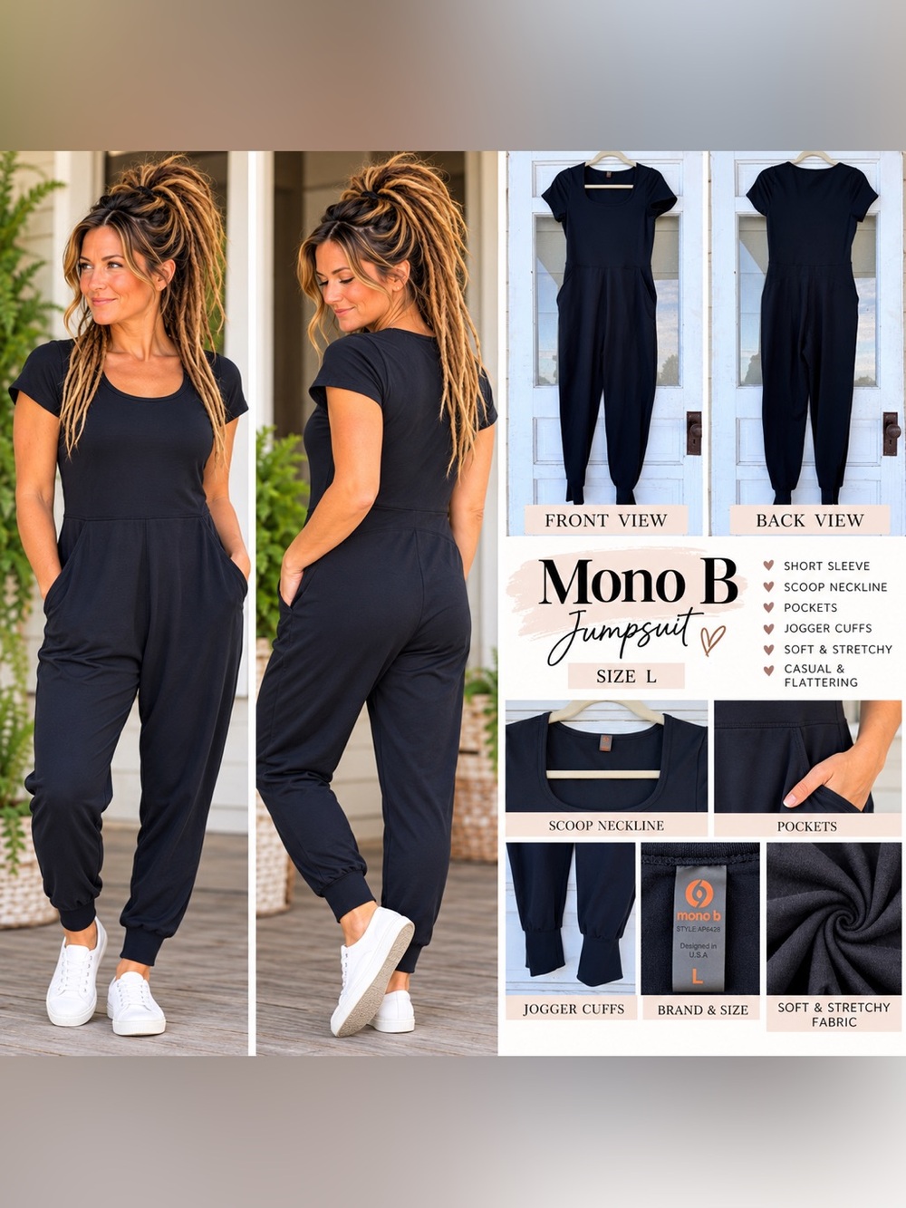 Mono B Black Scoop-Neck Jumpsuit with Pockets